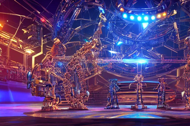 Prompt: stage from the show america got talent, on stage are 4 golden and blue metal humanoid steampunk robots falling apart, robots are wearing gears and tubes falling apart, eyes are glowing red lightbulbs, shiny crisp finish, 3 d render, 8 k, insaneley detailed, fluorescent colors, nightlight