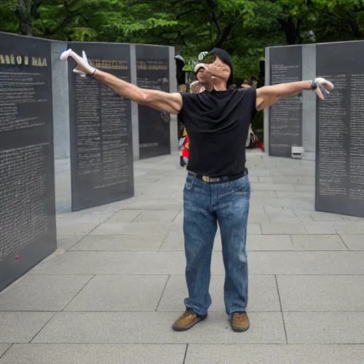 Image similar to mario dancing at vietnam memorial, wide angle