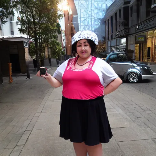 Prompt: a plump woman wearing a bandana and a skirt taking a photograph on sidewalk with an big old-fashioned flash camera