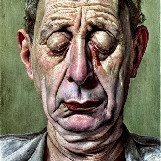 Prompt: high quality high detail painting by lucian freud, hd, priest crying, big eyes, muted pastel colors, photorealistic lighting