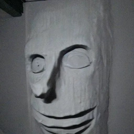 Image similar to insane nightmare, no light, everything is blurred, creepy shadows, giant face sculpture in the dark, very poor quality of photography, 2 mpx quality, grainy picture