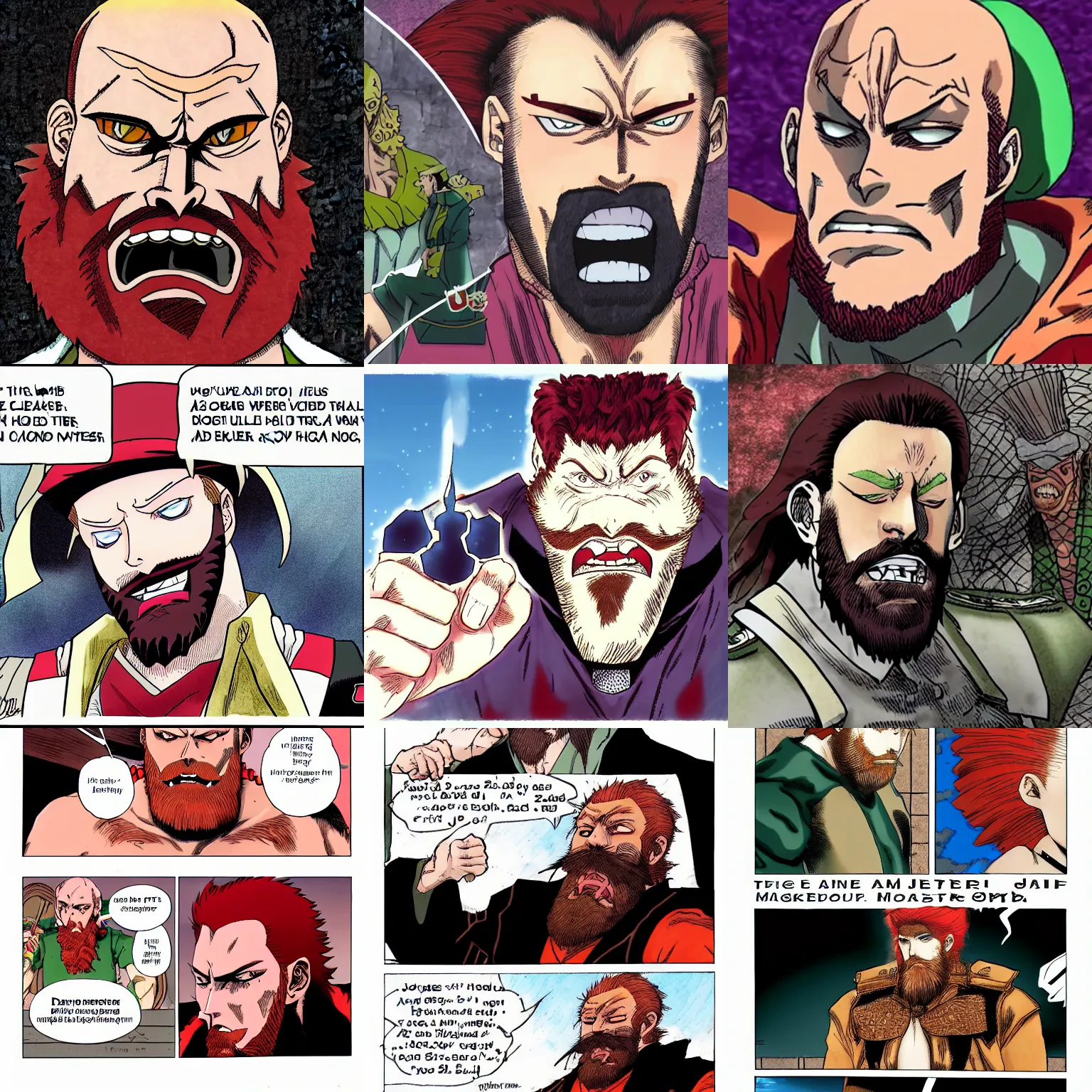 Prompt: angriestpat with red beard in jojos bizarre adventure : jojolands, coloured manga scan