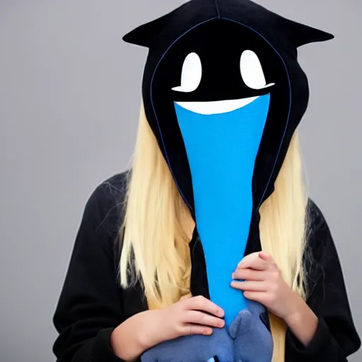 Image similar to a blonde-girl-in-a-black-hoodie holding a blue-shark-plush, anime style