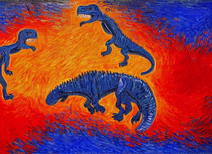 Image similar to painting of the extinction of the dinosaurs with asteroid and fire, in the style of claude monet and vincent van gogh, dramatic lighting red and blue