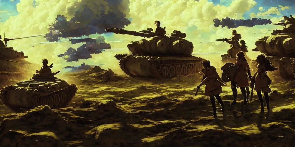 Image similar to baroque oil painting of key visual environment concept art of anime maids riding early tanks in the great war, brutalist fantasy, rule of thirds golden ratio, fake detail, trending pixiv fanbox, acrylic palette knife, style of makoto shinkai ghibli takashi takeuchi yoshiyuki sadamoto jamie wyeth james gilleard greg rutkowski chiho aoshima