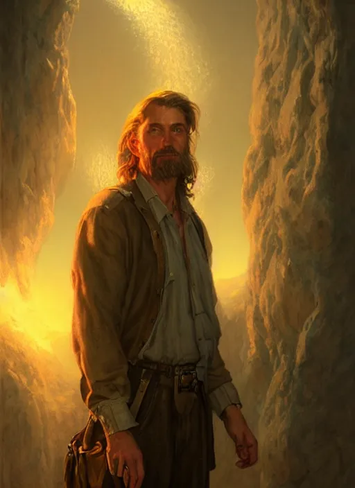 Image similar to Highly detailed portrait of Gabriel Knight, from Sierra adventure game, fantasy art by Greg Rutkowski, Stanley Artgerm, Tom Bagshaw, global illumination, radiant light, detailed and intricate environment