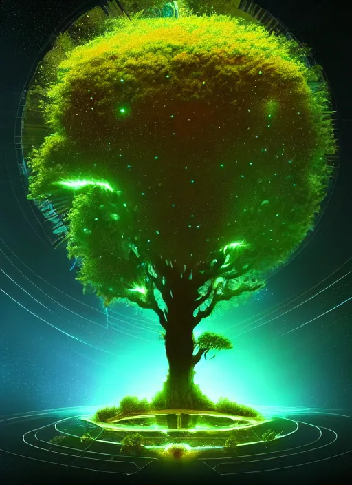 Image similar to high depth, collective civilization tree, calm, healing, resting, life, hybrids, scifi, glowing lights, published concept art, art in the style of all and none and everything and infinity