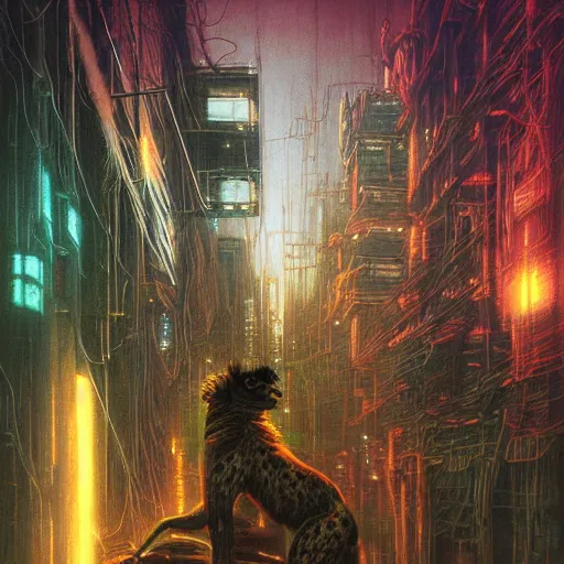 Image similar to cyberpunk dystopian cyborg hyena, wires and glowing lights, beksinski style, realism