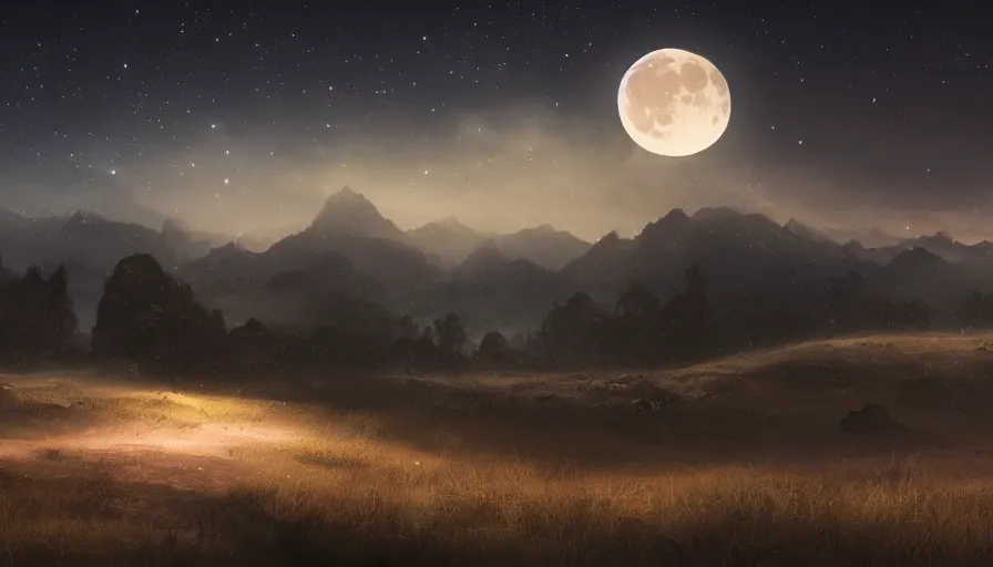 Image similar to a beautiful landscape at night, big moon and stars in the sky, matte painting, dark blue tones, concept art, 4k