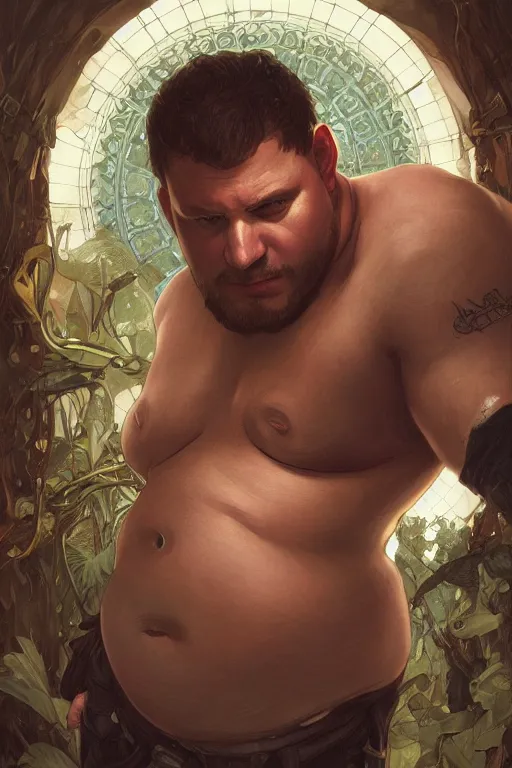 Image similar to portrait of chris redfield as a pathetically weak chubby man, forest, full body, obese, fantasy, intricate, elegant, highly detailed, digital painting, artstation, concept art, sharp focus, illustration, art by artgerm and greg rutkowski and alphonse mucha