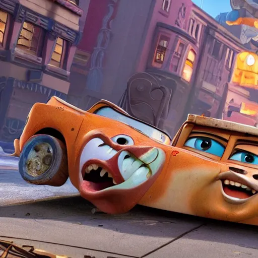 Image similar to mater from cars crashing into a building, rubble, disney pixars cars, mater, mater