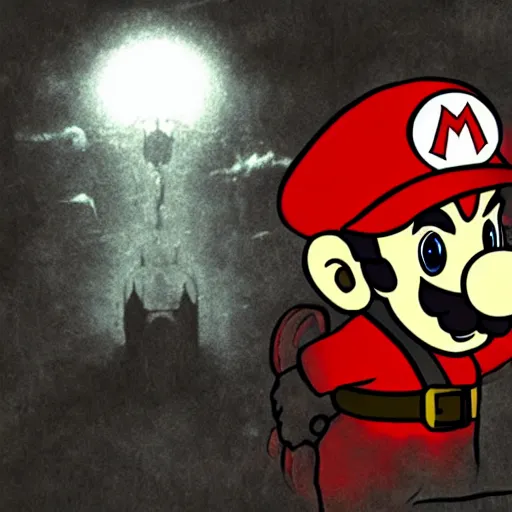 Prompt: mario in a ruined kingdom, resident evil, gothic horror, silent hill, occult, terror, mist