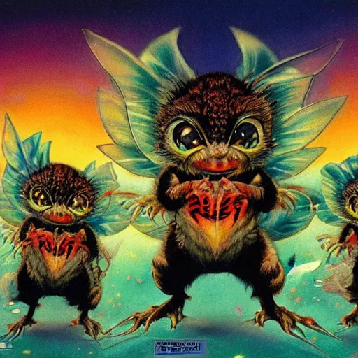 Image similar to gremlins vs mothra art by Noriyoshi Ohrai and Lisa Frank