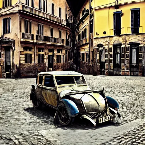 Image similar to a 1 9 th century car part in the middle of a street in rome all the people there as surprised and looking at the car great photography digital art