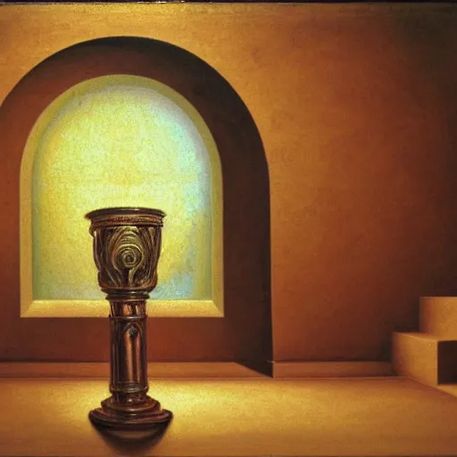 Image similar to still life painting of a room with a marbled pedestal displaying an ancient holy artifact centered in frame and shaped like a torus, chromed and ornate with gentle iridescent shine from within. perspective from the side and centered. realistic light and shadows. moody fantasy magical, still life renaissance pastel painting. focused