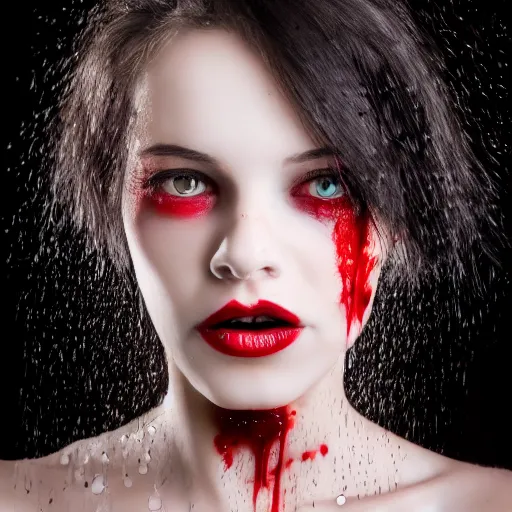 Image similar to professional headshot of an elegant female vampire with droplets of blood splattered across her face. high resolution, realistic, professional lighting, nikon camera, 8 k, imdb. com