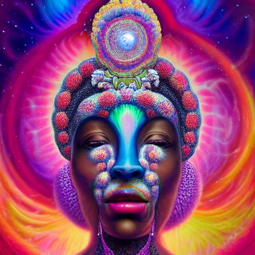 Prompt: obatala the african cosmic queen sitting in a cabana made of nebula clouds, by Adi granov and afarin sajedi and amanda sage and evgeni gordiets and Agostino Arrivabene in a psychedelic portrait style, ultrarealistic matte painting, volumetric lighting, fractal, extremely symmetrical, highly detailed face, orisha, 8k, hd