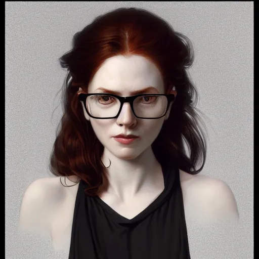 Prompt: portrait of a ginger woman with black glasses wearing a black shirt, realism, intricate, elegant, highly detailed, digital painting, artstation, concept art, matte, sharp focus, illustration, art by artgerm and greg rutkowski and alphonse mucha