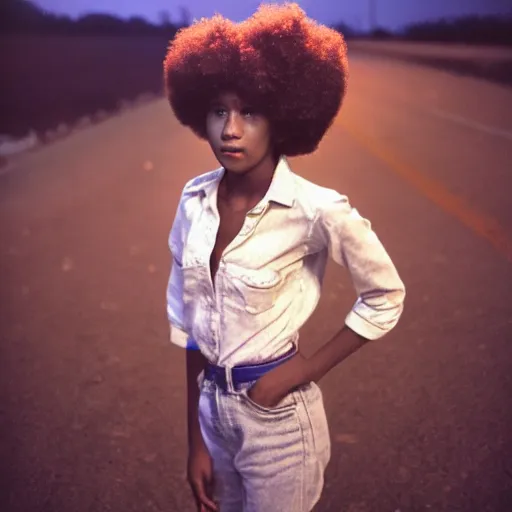 Prompt: teenager light - skin girl, afro hair, stares at the camera, night sky, stars, bruce gilden, leica s, fuji 8 0 0, grainy, low light