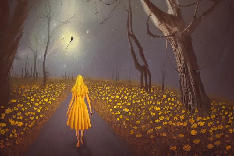 Prompt: giant sunflower as a face, girl walking between old trees, hills, surreal photography, dark night, star trails, dramatic light, impressionist painting, clouds, digital painting, artstation, simon stalenhag