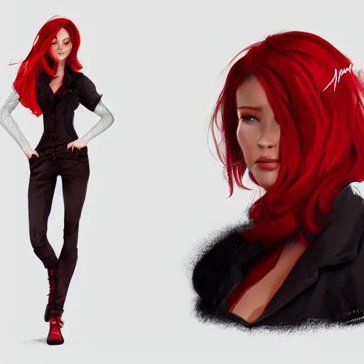 Image similar to a woman wearing a stylish outfit, red hair, highly detailed, digital painting, artstation, concept art, smooth, sharp focus, illustration