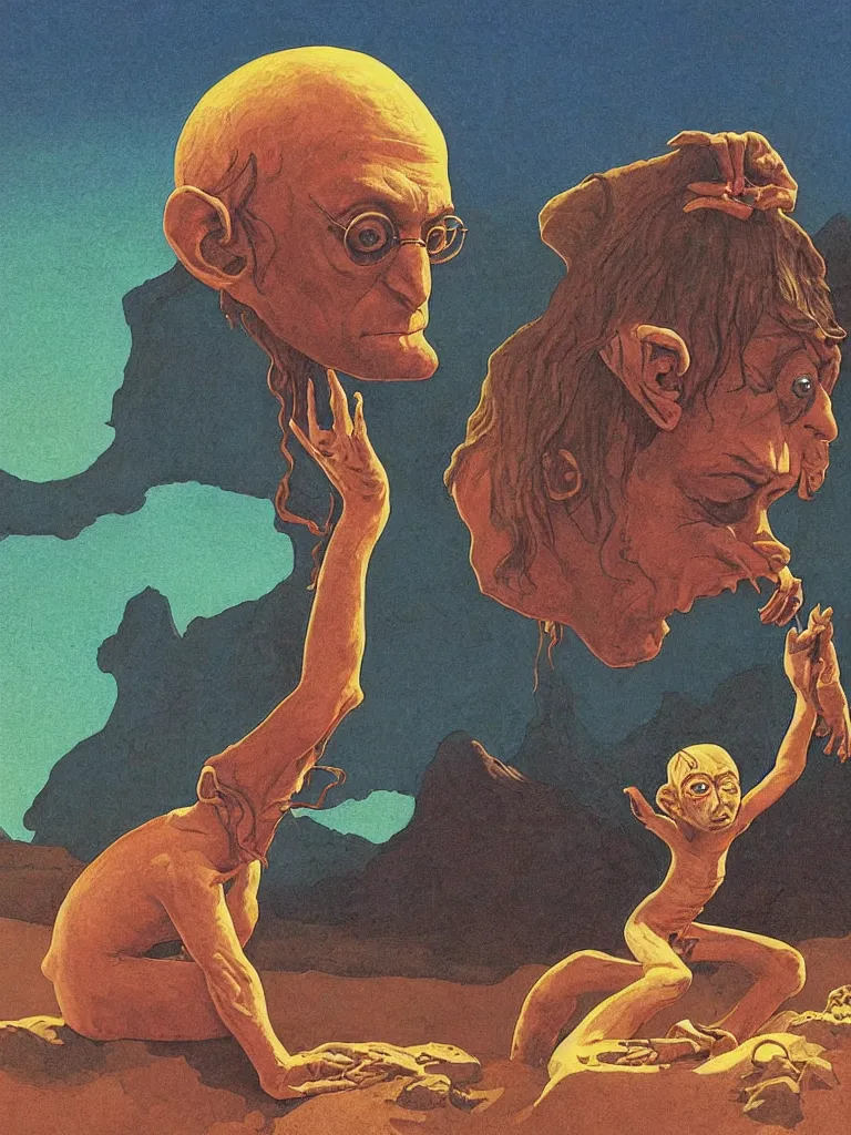 Prompt: an image of john lennon as gollum from the lord of the rings, taking mind altering drugs, a blotter paper of lsd acid and dreaming psychedelic hallucinations in the vast mordor landscape, by kawase hasui, moebius, edward hopper, colorful flat surreal design, dramatic lighting, hd, 8 k, artstation