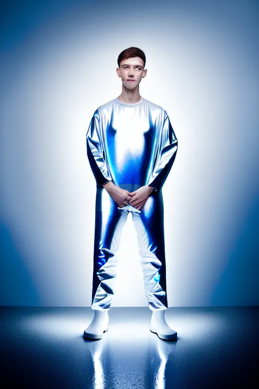 Image similar to un ultra high definition studio quality photographic art portrait of a young man standing on the rooftop of a british apartment building wearing soft baggy inflatable padded silver iridescent pearlescent clothing. three point light. extremely detailed. golden ratio, ray tracing, volumetric light, shallow depth of field. set dressed.