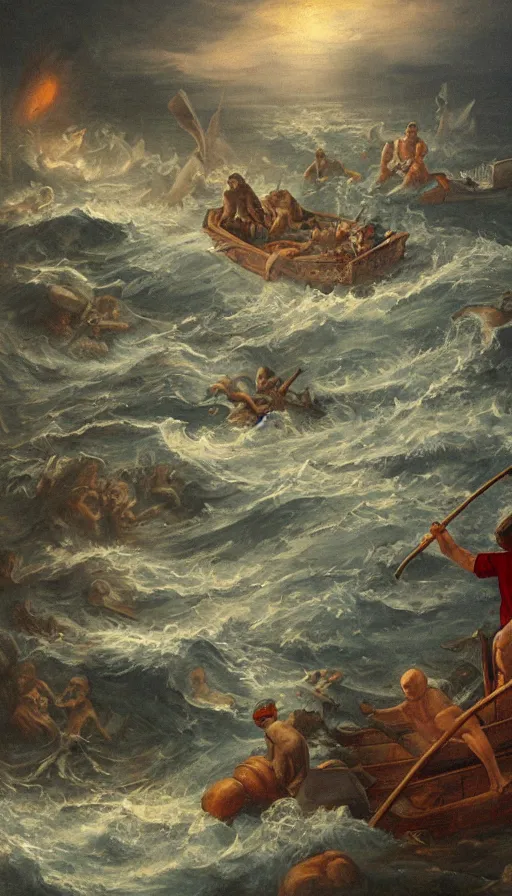 Prompt: man on boat crossing a body of water in hell with creatures in the water, sea of souls, by jesper esjing