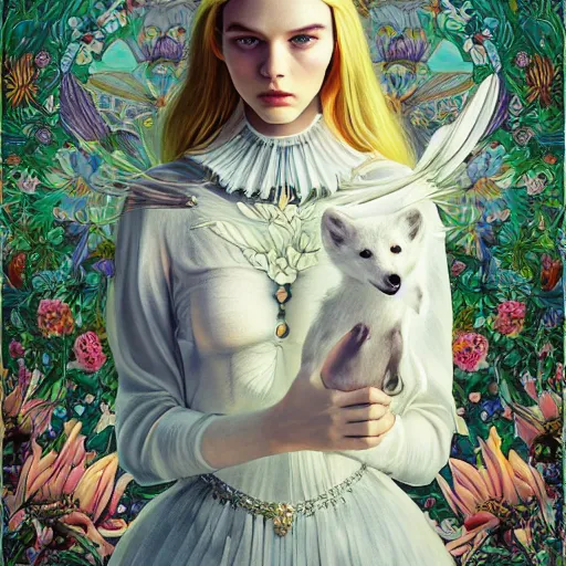 Image similar to pretty model with white wolf, white lilies : : by martine johanna and simon stalenhag and chie yoshii and casey weldon and wlop : : ornate, dynamic, particulate, rich colors, intricate, elegant, highly detailed, vogue, wolf, harper's bazaar art, fashion magazine, smooth, sharp focus, 8 k, octane render