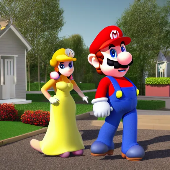 Prompt: mario and princess peach finally settle down and buy a home, 3 d render