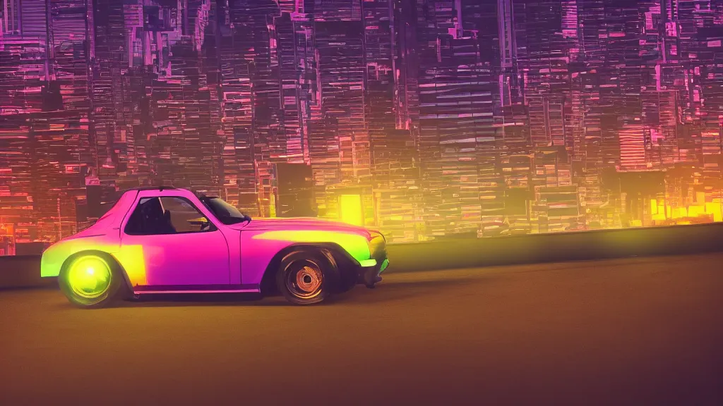 Image similar to neon synthwave datsun fairly roadster, at sunset, 8 k. filling most of the view