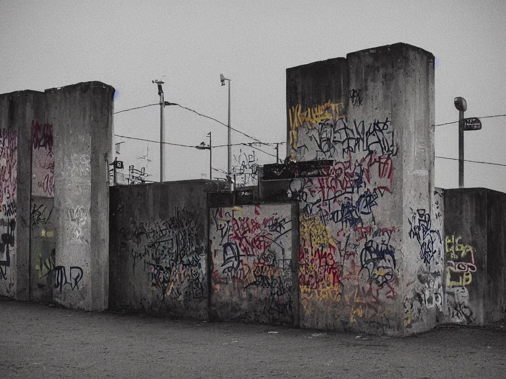 Prompt: “35mm film photography of Berlin Wall, concrete, bright graffiti, barbed wire, patrol towers, armed soldiers, guarded, barrier, heavy rainfall, dim street lights, fog, night, cinestill 800t, grain”