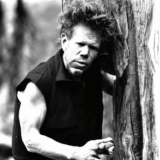 Image similar to tom waits gnawing on a plank of wood, black and white photograph