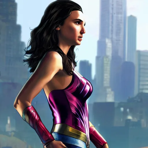 Image similar to gal gadot in gta v, cover art by stephen bliss, artstation, no text