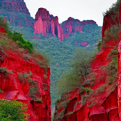 Image similar to a red cathedral in a canyon. overcast sky.