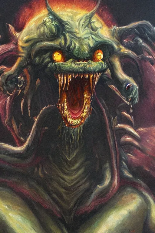 Image similar to oil painting, close-up, hight detailed, portrait of hell beast showing his teeths, in style of 80s sci-fi art