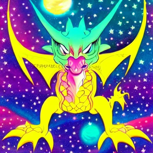 Prompt: Dragon Creepy cosmic color scheme star gazing