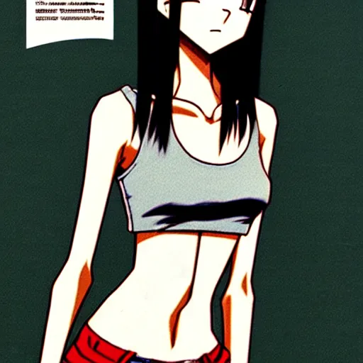 Image similar to attractive elegant sophisticated reservedyoung woman, slim figure, perfect silky straight hair, smooth tan skin, dark circles under bemused eyes, hip emo fashion, tshirt!!, shorts!!, illustrated for newtype magazine!! by akira toriyama!!