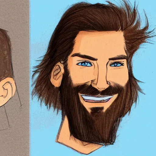 Prompt: sketch of a caucasian face, medium long brown hair, bad skin, short beard, skinny, blue eyes, smiling,