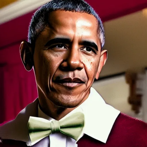 Image similar to realistic photo of casual barack obama with red hair wearing a black sweater and a green bow tie, still from riverdale