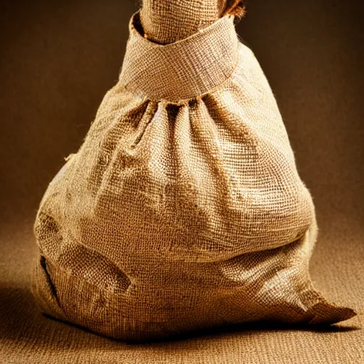 Image similar to frodo in a burlap sack of potatos, photography, realistic, mid shot