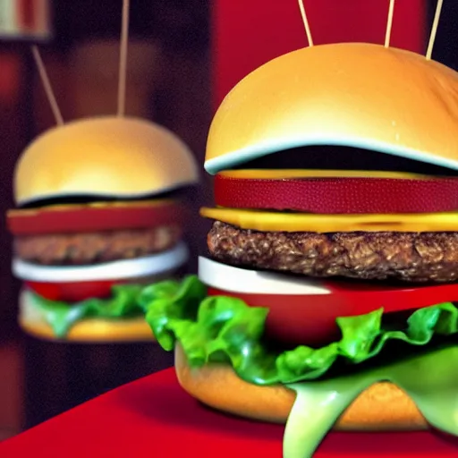 Prompt: burger with teeths haunts you for the rest of your life, horror, blood, creepy burger, 8 k, realistic, hdr, clear image,