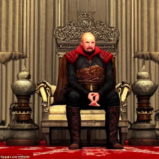 Image similar to Alexander Lukashenko as a Jarl of Belarus Hold in The Elder Scrolls V: Skyrim sitting on his throne in a slumped pose