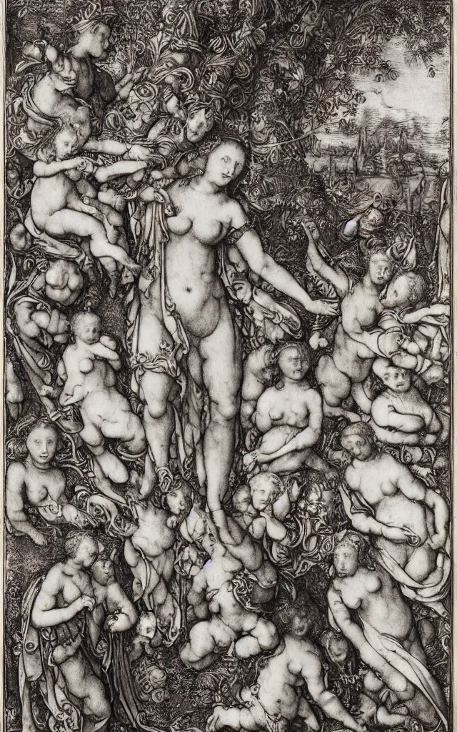 Prompt: Albrecht Durer, Hans Holbein, Lucas Cranach, engraving of a goddess with the attributes of Diana, Athena, Guanyin, Shakti, Seshat, and Deborah, floating down from heaven on a lotus flower