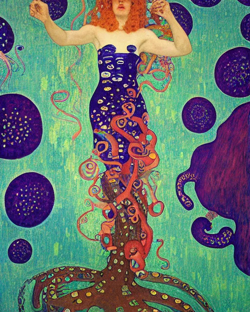 Image similar to a beautiful girl underwater wearing a colourful octopus as a dress and surrounded by glowing jellyfish, painted by gustave klimt, edgar maxence, edward hopper, wayne barlowe, james gilleard and james jean