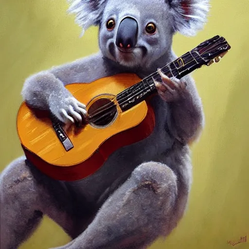 Image similar to portrait Koala playing a guitar, fine details. realistic shaded lighting by Ilya Kuvshinov Giuseppe Dangelico Pino and Michael Garmash and Rob Rey, IAMAG premiere, aaaa achievement collection, eyes open in wonder