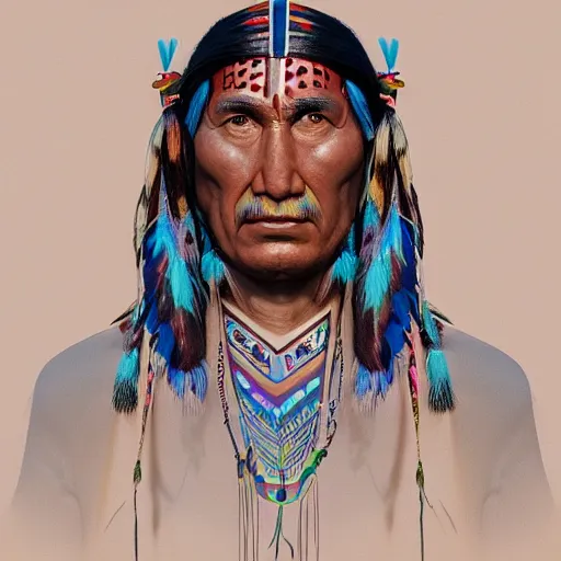 Image similar to abstract 3d portrait Native American in his traditional clothes age 40 by james jean and Jason Chan, rendering, redshift, octane