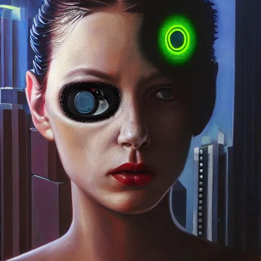 Image similar to hyperrealism oil painting portrait of cyberpunk cyborg fashion model with glowing eye