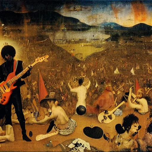 Image similar to jimy hendrix at woodstock by hieronymus bosch