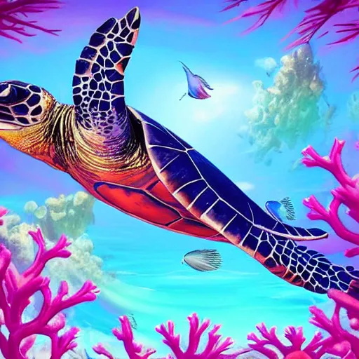 Image similar to the majestic sea turtle eats beautiful coral amongst the brightly colored sea life, digital art artstation